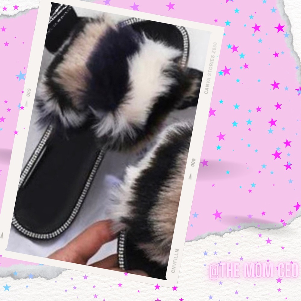 BLACK FUR PLUSH RHINESTONE SLIPPERS